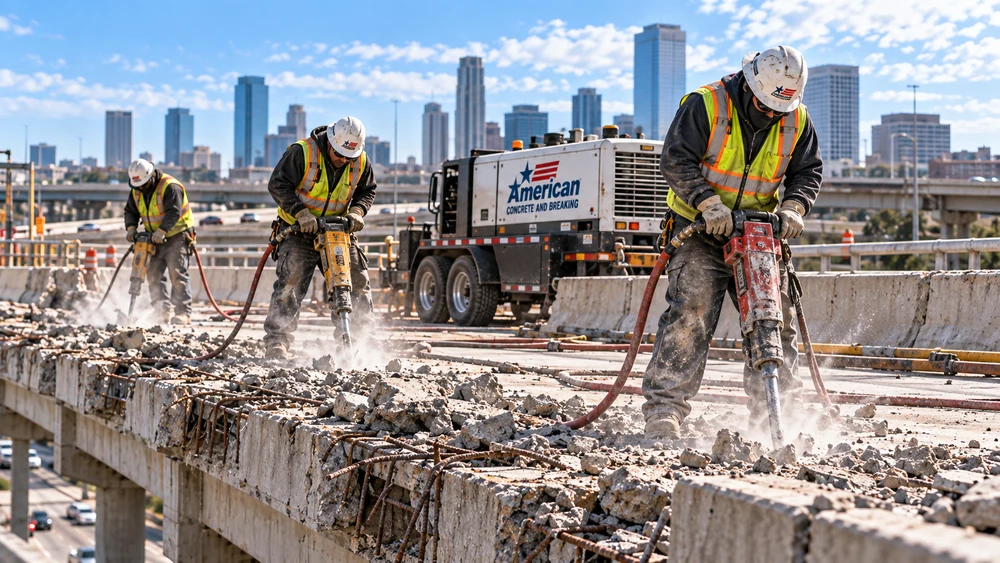 Workers using jackhammers on a concrete bridge deck