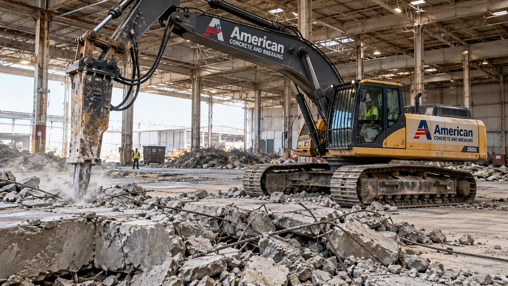 Excavator breaking industrial warehouse concrete slabs