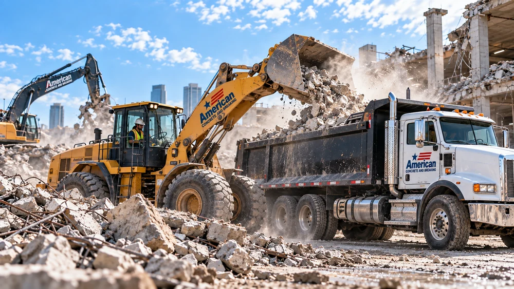 Loader loading broken concrete into a ten-wheel dump truck