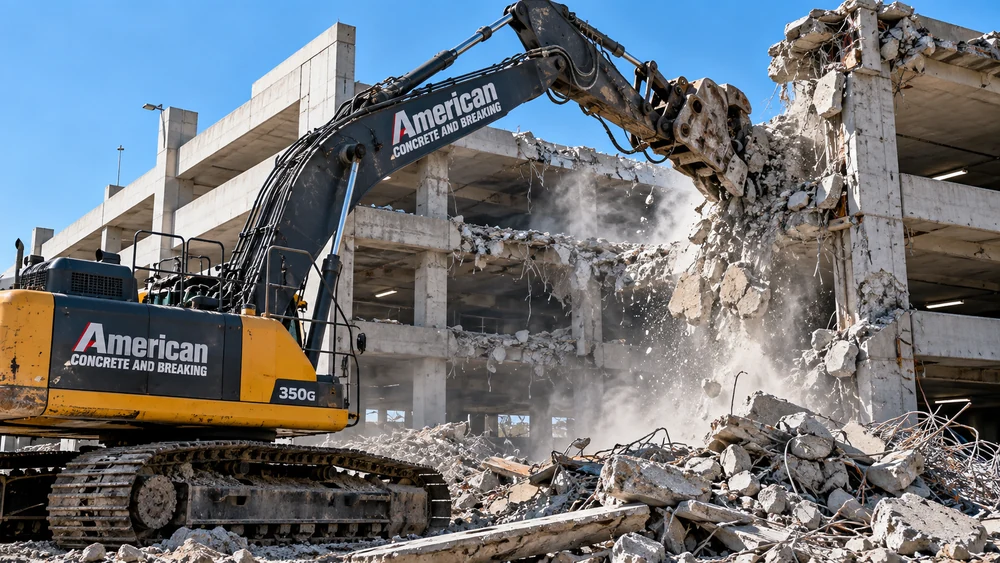 Excavator branded American Concrete and Breaking demolishing a parking garage