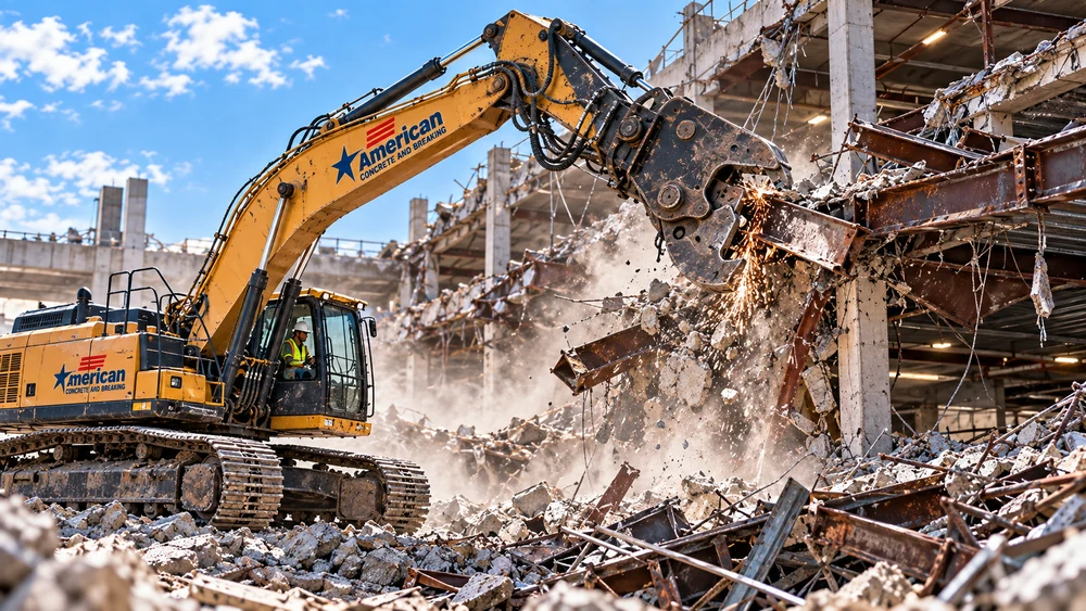 Excavator shear cutting steel and concrete in a parking garage demolition