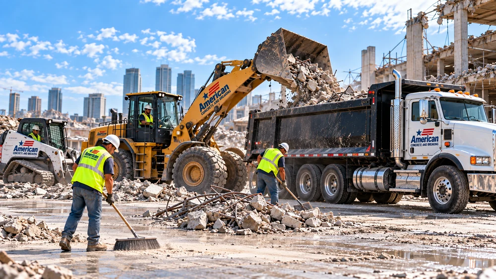 American Concrete and Breaking site cleanup with loaders and dump trucks