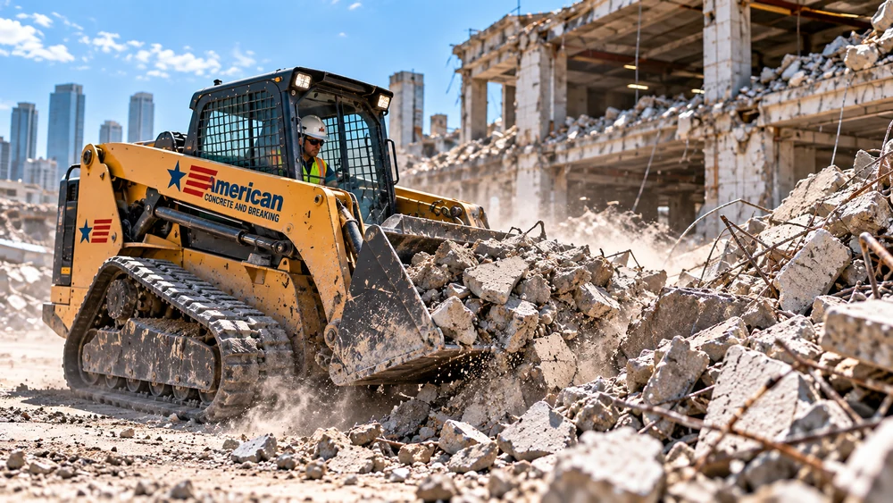 Skid steer removing piles of broken concrete from a demolition site